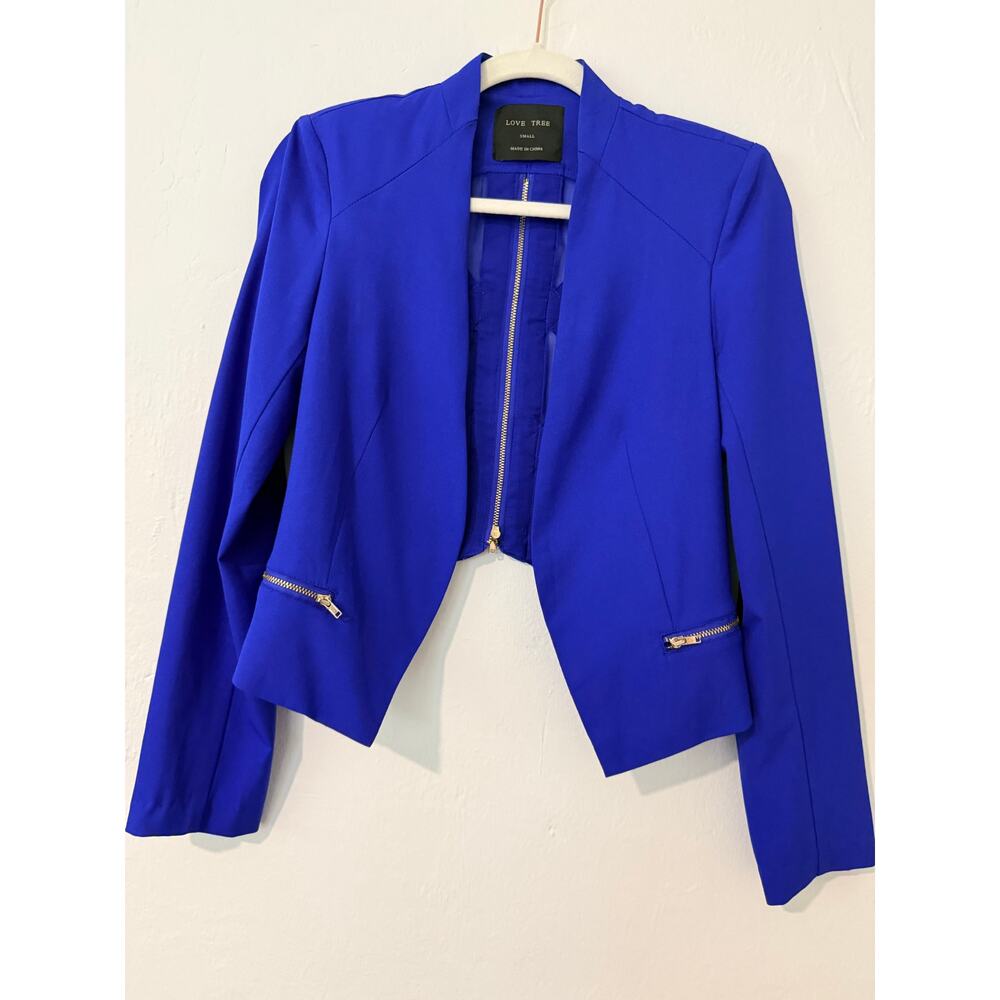 Love Tree Cobalt Blue Cropped Blazer Gold Zipper Back Size Small